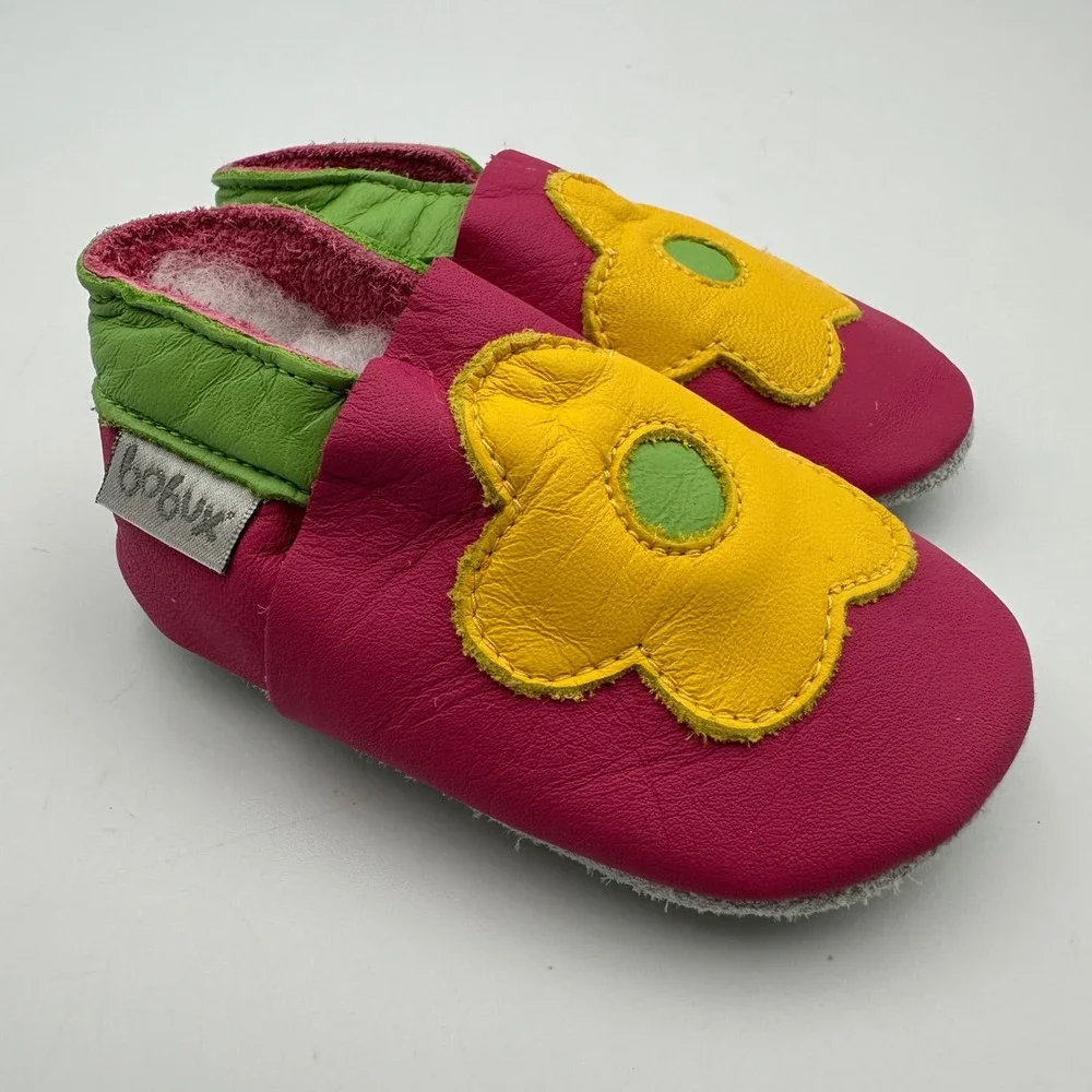 NEW Bobux Soft Sole Leather Baby Shoes Small Pink Yellow Flower Moccasins Infant